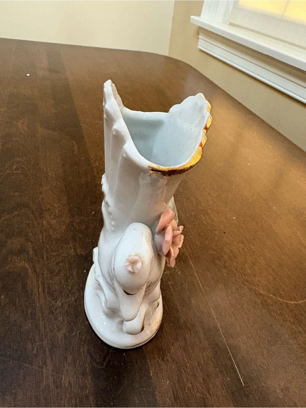 White Porcelain Swan Vase with Pink Floral Accents
